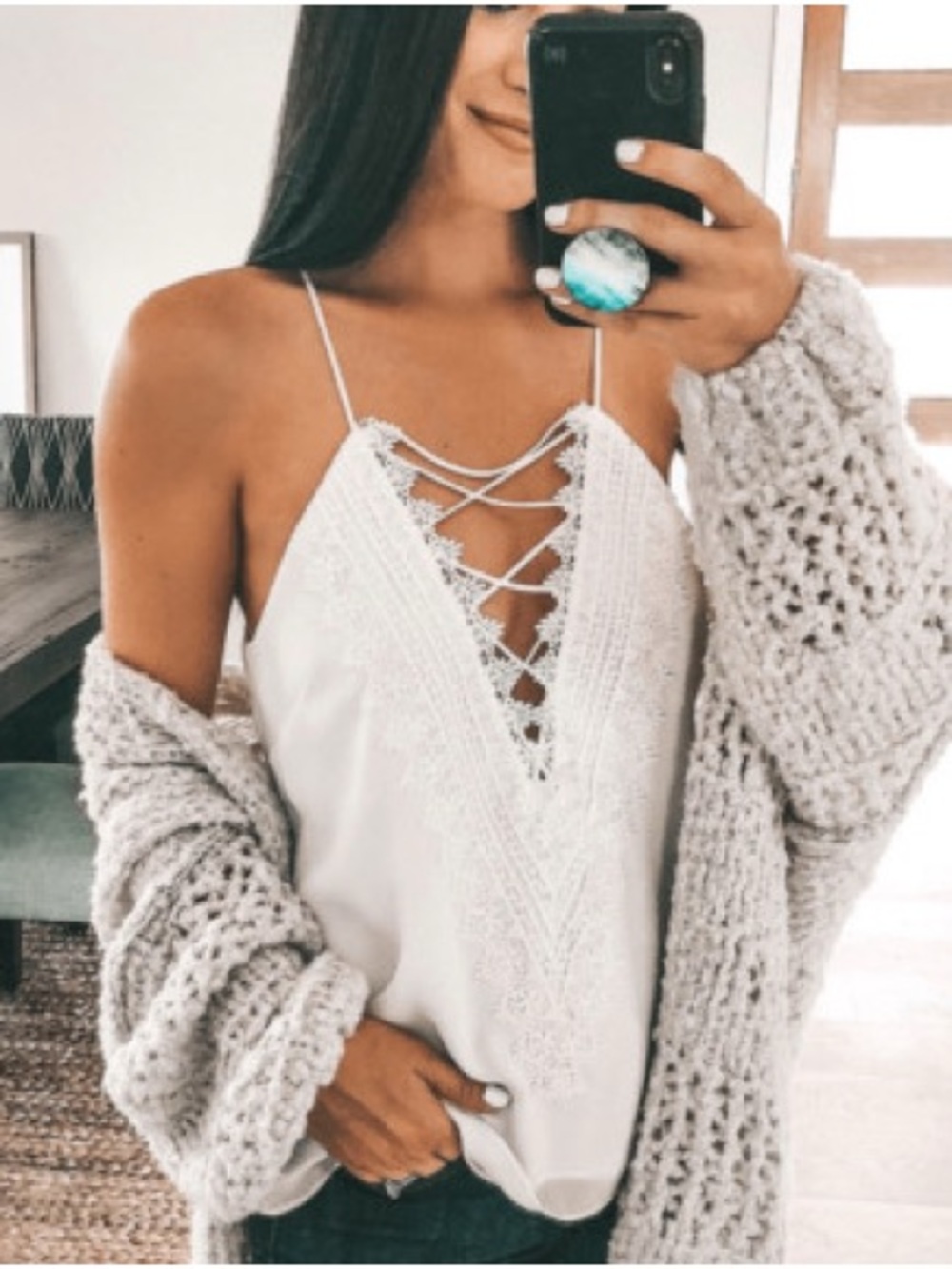 WAYF Pale Lilac Lace-Trim Halter Camisole